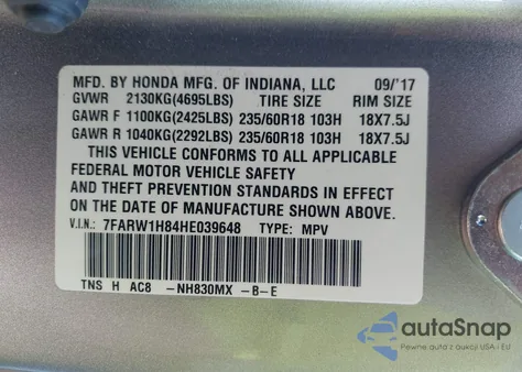 2017 Honda Cr-V Ex-L/Ex-L Navi из США, поврежденный, VIN 7FARW1H84HE039648